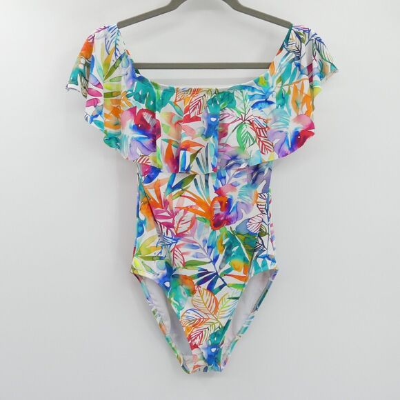Lauren Ralph Lauren Off-The-Shoulder One-Piece Swimsuit Size 4 Floral Tropical - Picture 3 of 10